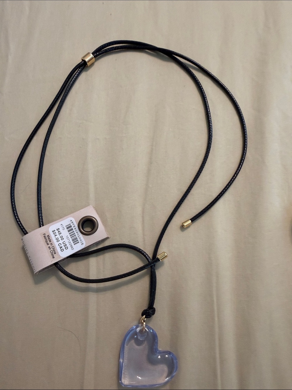 Anthropologie Black Cord Necklace with Clear Heart Pendant